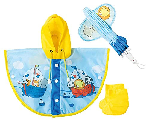 Heless 172 - Regen-Set für Puppen im Design Segelfreunde, 3 teilig mit Regen-Cape, Regen-Schirm und Regen-Stiefeln, Größe 35 - 45 cm