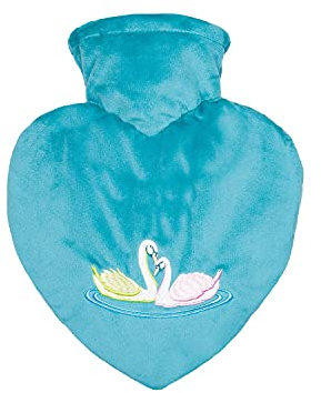 Hugo Frosch Herz-Wärmflasche 1,0l – Made in Germany – mit weichem Velourbezug Mint Schwäne – große, auslaufsichere & geruchsneutrale Bettflasche – langlebig & mit waschbarem Bezug