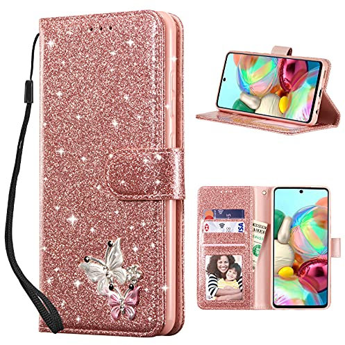 UEEBAI Klapphülle für Samsung Galaxy A52 4G/5G A52S 5G, PU Lederhülle Glitzer 3D Schmetterling Flip Cover Standfunktion Kartenfach Schutzhülle Diamant Glänzende Geldbörse Handschlaufe Etui - Roségold