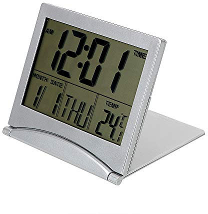 DIYWORK Faltbare Tischuhr, LCD-Digitalanzeige, einschließlich Zeit-Datum-Temperatur-Timer, Kunststoff, Silber