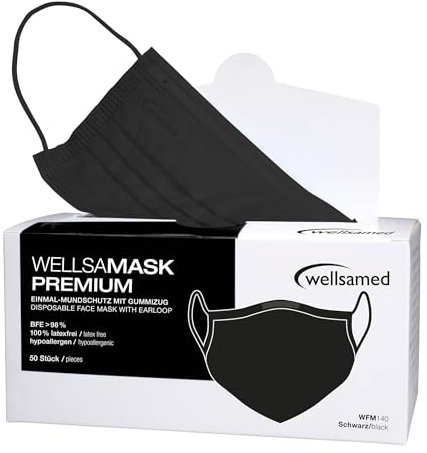 Wellsamed Wellsamask 50 Stück medizinischer Mundschutz Type IIR mit Gummizug, einfarbig Schwarz
