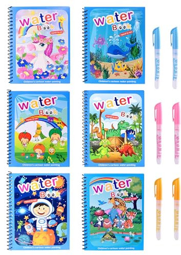 6 Stück Wassermalbuch mit 6 Wasserstifte Malbuch Magisches LUNEKUCK Water Colouring Book Magic Doodle Malbuch Wasserbuch Wiederverwendbar - 6 Thema Zaubermalbuch Geschek für Kinder ab 3 Junge Mädchen
