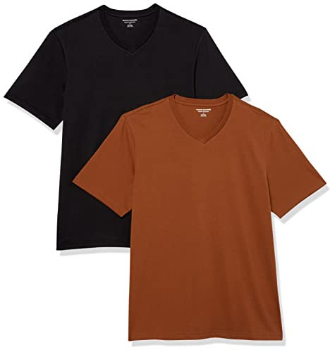 Amazon Essentials Men's Short-Sleeve V-Neck T-Shirts, Pack of 2, Black/Brown, XS