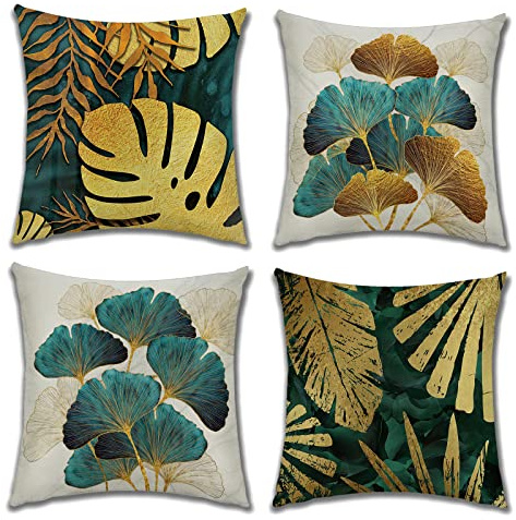 OCEUMACO Leinen Kissenbezug 45x45 Petrol Gold Ginkgo Muster Kissenhülle 4er Set Quadratisch Dekokissen Sofakissen Bezug für Couch Landhausstil Kissen Kissenbezüge Deko Zierkissen Couchkissen