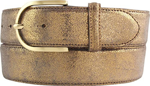 BELTINGER Damen-Gürtel mit Metall-Optik Echt Leder 4 cm | Leder-Gürtel Metallic-Look 40mm glänzend | Metall-Ledergürtel mit goldener Gürtelschnalle | Bronze 85cm
