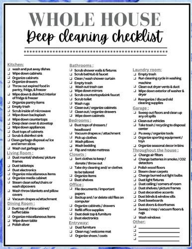 Whole House Deep cleaning Checklist: Household Chores cleaning checklist for adults, spring cleaning checklist planner and Organizer