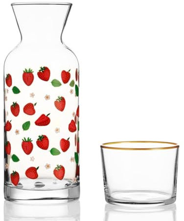 Karaffe mit Glas für den Nachttisch 700ml – Mundspülbecher und Dekanter – Perfektes Set aus Karaffe und Tasse für Outdoor-Essen und Picknicks (Erdbeer)