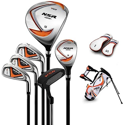 PGM Golfschläger-Set – 6-teiliges Junior-Golfschläger-Set für Kinder – Rechtshänder – Fahrer (#1), Hybrid, Eisen (#7, #9, #S), Putter, Golfständer Tasche