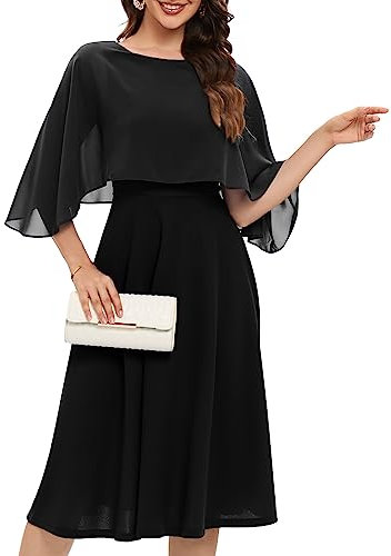Fynadressr Women Plus Size Cape Chiffon A-Line Dress Cocktail Party Wedding Guest Formal Dresses Black 2XL