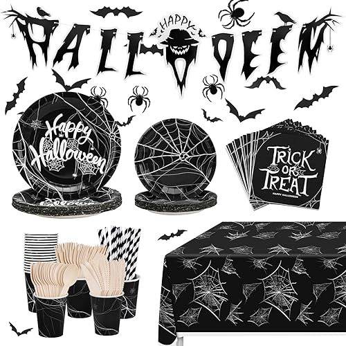150PCS Halloween Party Dinnerware Set Hysagtek 16 Guest Spider Web Party Tableware Decoration Supplies - Halloween Paper Plates Napkins Cups Straws Tablecloth Stickers Banner for Halloween Party