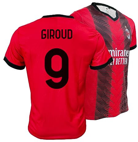 Maillot Réplique Officiel Milan Olivier Giroud 9, Modèle Accueil Saison 2023/2024, Rouge, Noir, Adulte, Garçon, Enfant, 100% Polyester, Rouge, noir, XL
