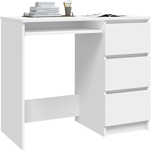 Homvdxl Study Computer Desk, 90 cm Home Office Writing Small Desk, Modern Simple PC Table with 3 Drawers & Shelf, Sturdy Student Writing Desk for Home Office School (White)