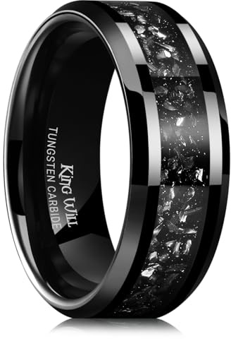 King Will Mens Meteorite Rings Tungsten Carbide Wedding Bands 8mm High Polished Engagement Ring for Couples Comfort Fit, Black, Size 11