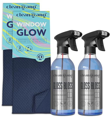 Cleangang Glas- und Fensterreiniger Set - 2 x Glasreiniger und 4 x Fensterputztücher für die Effektive und Streifenfreie Reinigung mit Lotus-Effekt