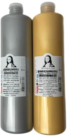 Tinte de tela 500 ml oro + 500 ml plateado. Tinte textil resistente al lavado. Color para camisetas para tejidos claros. Lavable a máquina, resistente al lavado. Pintura textil, color de pintura para