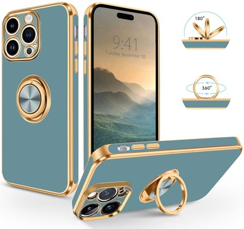 SouliGo iPhone 14 Pro Hülle, Slim weiche TPU Silikon Case Cover mit 360 Grad Ring Halter Ständer stabil Kratzfest Hülle für iPhone 14 Pro 6.1'' Grau Gold