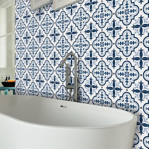 Fliesenaufkleber Elegante Blaue Blume Klebefliesen Küche PVC Fliesenaufkleber Bad Küche Boden Hitzebeständig Mosaikfliesen Wasserdicht Klebefliesen Ölfest Küchenrückwand Selbstklebend 30x30cmx10 Pcs