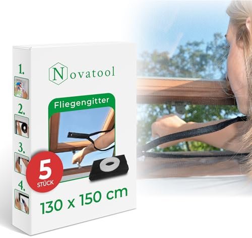 Novatool 5 Stück Fliegengitter Dachfenster ohne Bohren 130x150 anthrazit individuell kürzbar Insektenschutz Fliegennetz Fensternetz Mückennetz Mückengitter Fenstergaze