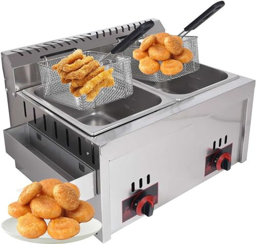 Friggitrice a gas GPL, doppio serbatoio, 10 x 2 cesti, in acciaio inox, grande capacità, per patatine fritte, casa, cucina e ristorante