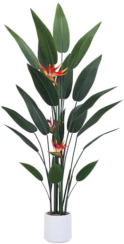 Bird of Paradise Artificial Plant with Permanent Flower, 5FT Silk Fake Banana Leaf, Faux Tropical Palm Tree with White Planter, Artificial Flower Plants for Home Office Living Room Indoor Decor