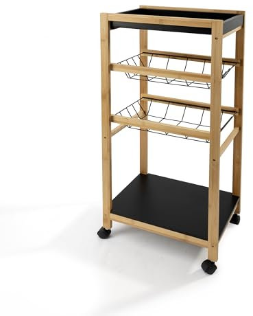 LIN HOME Carrito de Cocina Auxiliar de Madera y Bambu 35x24.5x86cm con Ruedas, 2 Estantes de Madera + 2 Cestas de Metal Extraibles Color Natural y Negro