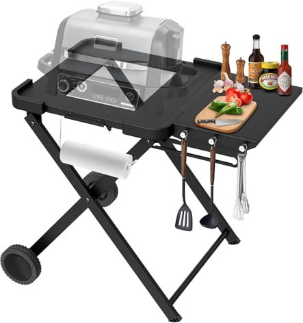 Apromise Grill Stand for Ninja Woodfire OG700/OG800/OG900 Series, Pro XL, and OO101 Pizza Oven, Compatible with Blackstone 17 Griddle, Portable Outdoor Grill Table with Wheels & Side Shelf
