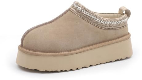 RKK Women's Platform Mini Boots Fuzzy Slippers For Women Indoor Slippers Winter Snow Boots Slip On Fur Fleece Lined Suede Short Ankle Boots Casual Shoes(Beige,35)