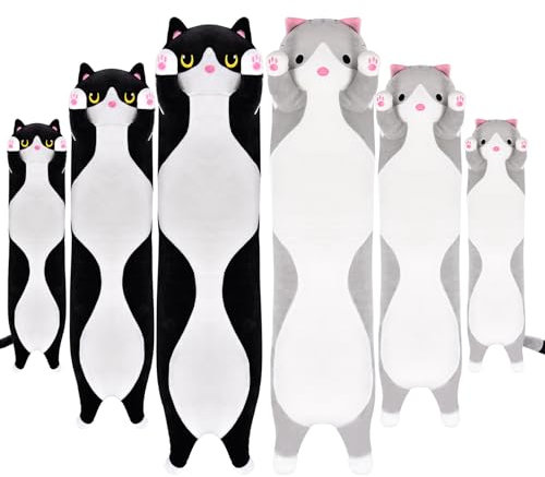 Aragallant Cuscino Gatto Lungo, Peluche Cuscino Lungo, Cuscino Peluche Gatto Morbido adatto ai bambini a partire dai 3 anni, Regali di Natale e compleanno per bambini (Nero, 90CM)