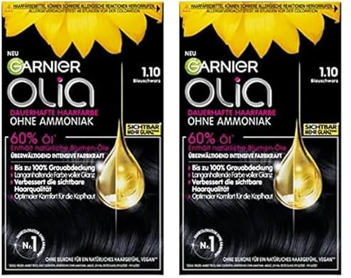 Garnier Olia Dauerhafte Haarfarbe ohne Ammoniak, Mit pflegenden und natürlichen Ölen, Vollständige Grauhaarabdeckung, Permanente Coloration, Nr. 1.10 Blau, 1 Stück (Packung mit 2)