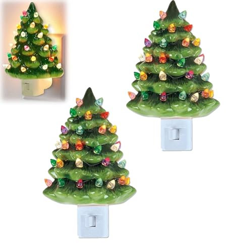 Ceramic Christmas Tree Night Light, Vintage Plug-in for Bedroom, Bathroom, Living Room, Porch - Green