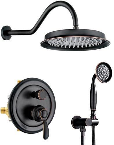Homekicen Antique Shower Set, 9 Wall Rain Head with Handheld Shower, 2 Way Brass Diverter Valve and Trim Kit, Rainfall Vintage Style Complete System, Oil Rubbed Bronze Finish