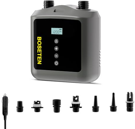 BOSETEN Pompa per tavola da paddle, pompa ad aria elettrica SUP, funzione di sgonfiaggio, spegnimento automatico, connettore auto 12 V DC per stand up paddle board gonfiabile, kayak, barche