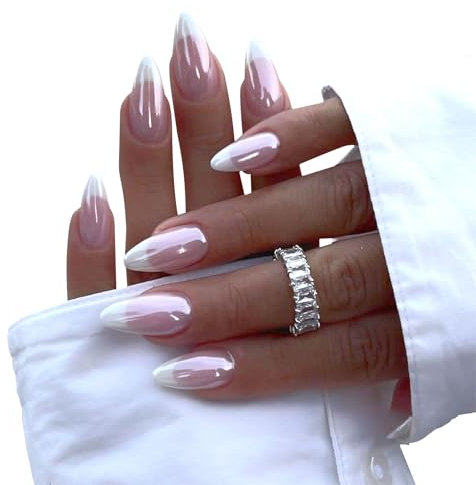 GWAWG French Tipp Press on Nails French Aurora Mandel Nägel zum Aufkleben Fingernägel Fake Nails Künstliche Nägel Glänzend Vollabdeckung Falsche Nägel Klebe Maniküre 24 Stück