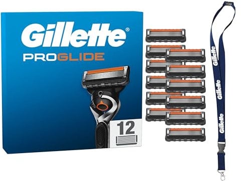 Gillette Lot De 12 Recharges De Rasoir Pour Hommes Proglide,AUTHENTIQUES,Cartouche A 5 Lames Ultra-Affutées, Nouvelle Lubrification,Bande Lubrifiante x2, Rasage Du Visage Flexible, Avec Un Porte-Clés