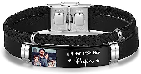 Gaosh Personalisiertes Lederarmband mit Gravur Herren Armband mit Foto und Namen Geschenke für Papa Opa Ehemann Freund Personalisierte Geschenke
