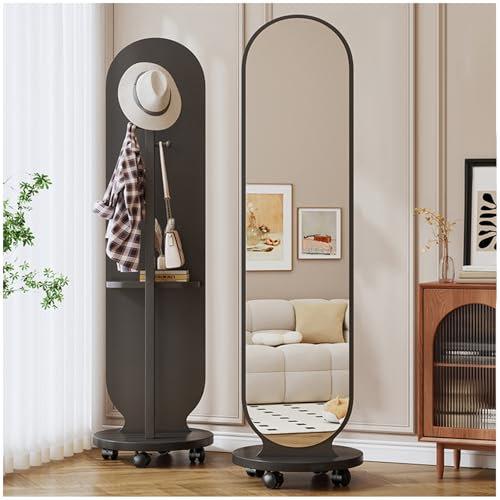 NURTWAKY Miroir sur Pied avec Portemanteau Miroir Pleine Longueur Complet à 360 ° avec Roues Grand Miroir de Sol pour Chambre à Coucher Salon