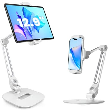 Missun Tablet-Halterung für 4,7–12,9 Zoll iPad/iPhone/Samsung/Kindle/Smartphones, Tablet-Ständer Aluminium Faltbarer Armhalter für Schreibtisch Tisch Küche, 360° drehbarer Halter für iPad und Handy