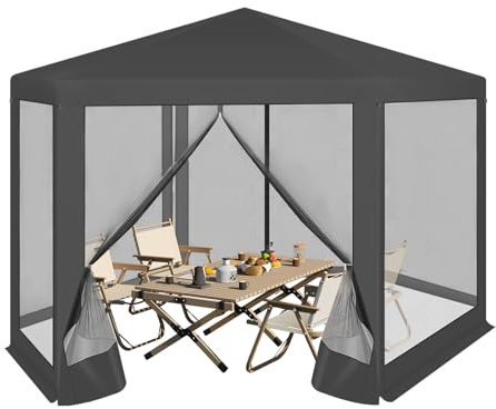 WOLTU Pavillon 3,8x3,3 m seckeckig, Gartenpavillon mit Seitenwänden Moskitonetz, Gartenlaube Metall, Partyzelt, einfacher Aufbau ohne Werkzeug, für Garten Terrasse Hof, Grau