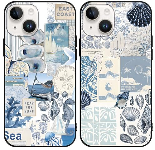 Phoona 2 Pack Cute Case for iPhone 14 /iPhone 13 6.1, European Collage Preppy Summer Girly Design Pattern for Girls Women, Slim Soft Silicone Shockproof Bumper Protector Cover, Blue 04