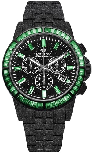 LOUIS XVI Majesté Frosted Iced Out 1182 - Ø 43 mm - Herren Uhr - Wasserdicht - Mit Saphirglas - Armband Schwarz - CZ-Diamanten Grün - Schweizer Quarzwerk