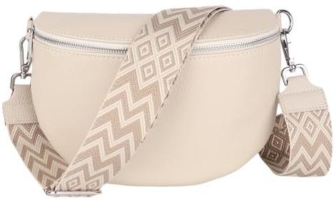 MIRROSI Damen Bauchtasche aus Echtleder, Made in Italy. Als Umhängetasche, Brust- oder Schultertasche tragbar, 26x20x8 cm, Reißverschlussfach hinten. (Beige: Boho)