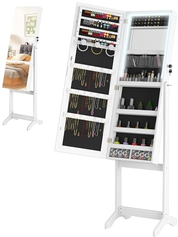 XMTECH LED Schmuckschrank mit Spiegel Weiß, Beleuchtung, abschließbar, 2-in-1 Standspiegel & Schmuckorganizer, neigbar, mit Veloursfutter, Spiegelschrank für Schlafzimmer/Ankleidezimmer