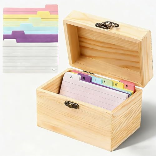 Qivine Karteikarten mit Box aus Holz, Büro Karteikartenbox A7 mit Deckle, Schule Lernkarteibox A8 mit 150 Karten für Unterwegs, Vokabeln Lernen, Notizen