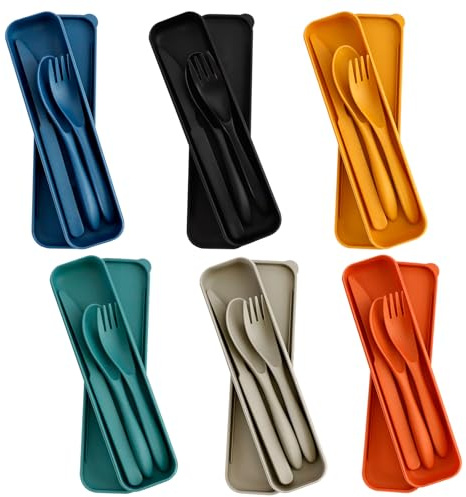 Mulaibdin 6 Pièces Couvert Plastique Reutilisable, Couvert Camping Plastique, Couverts Lunch Box avec Étui, Set Couverts Voyage avec Cuillère Couteau Fourchette pour Pique Nique,Plein Air,École (A)