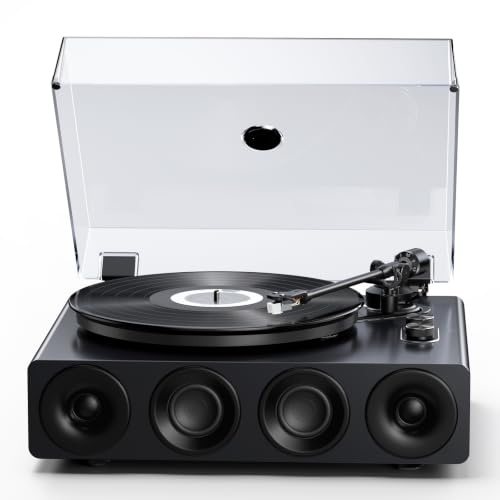 1 BY ONE 2-Speed Belt-Drive Turntable | All-In-One, Hi-Fi Sound, Built-In Speakers, Phono Preamp, AT-3600L, RCA Out, Piano Lacquer Grey