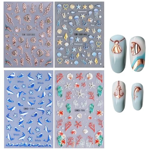 4 Stück Dreidimensionale Marine-Nail-Art-Aufkleber, Muschel-Aquakorallen-Form, 5D Geprägte Nagelaufkleber, Geeignet Für Nageldekoration.
