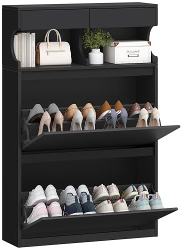 Hzuaneri Schuhschrank, Schuhkipper Schmal,16 Paar, 2 Klappen(80B cm) | Verstellbar, Schuhkommode für Eingang, Flur, Garderobe, Schwarz, SR45306X