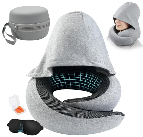 YTACREA Reise Nackenkissen Flugzeug mit Kapuze, U-Förmiges Reisekissen Nacken 100% Memory Foam, Nackenhörnchen Erwachsene mit Augenmaske, Ohrstöpsel, Tasche, Ideal für Flugzeug, Zug, Büro, Grau