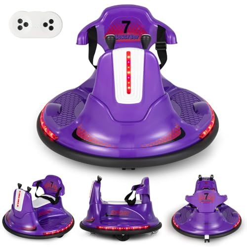 FANTASK Kinder Autoscooter 6V mit 360° Drehung & Vorwärts Rückwärts Funktion, Aufsitz Bumper Car mit Musik, LED Licht, Hupe, Geschichten, 2,4GHz Fernsteuerung, Geschwindigkeit 3–6 km/h Lila