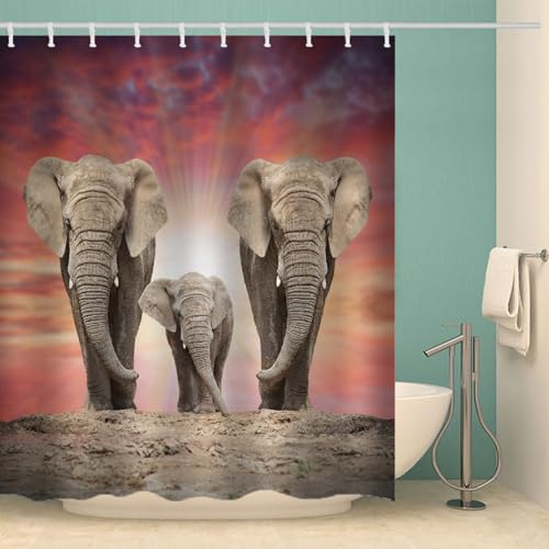 MOXINO Elefant Duschvorhang Anti-Schimmel 120x180 cm Polyester Stoff Textil Waschbar Wasserdicht Badvorhang 3D Elefant Motiv Duschvorhänge Badezimmer mit 12 Haken（Stil 10-10）